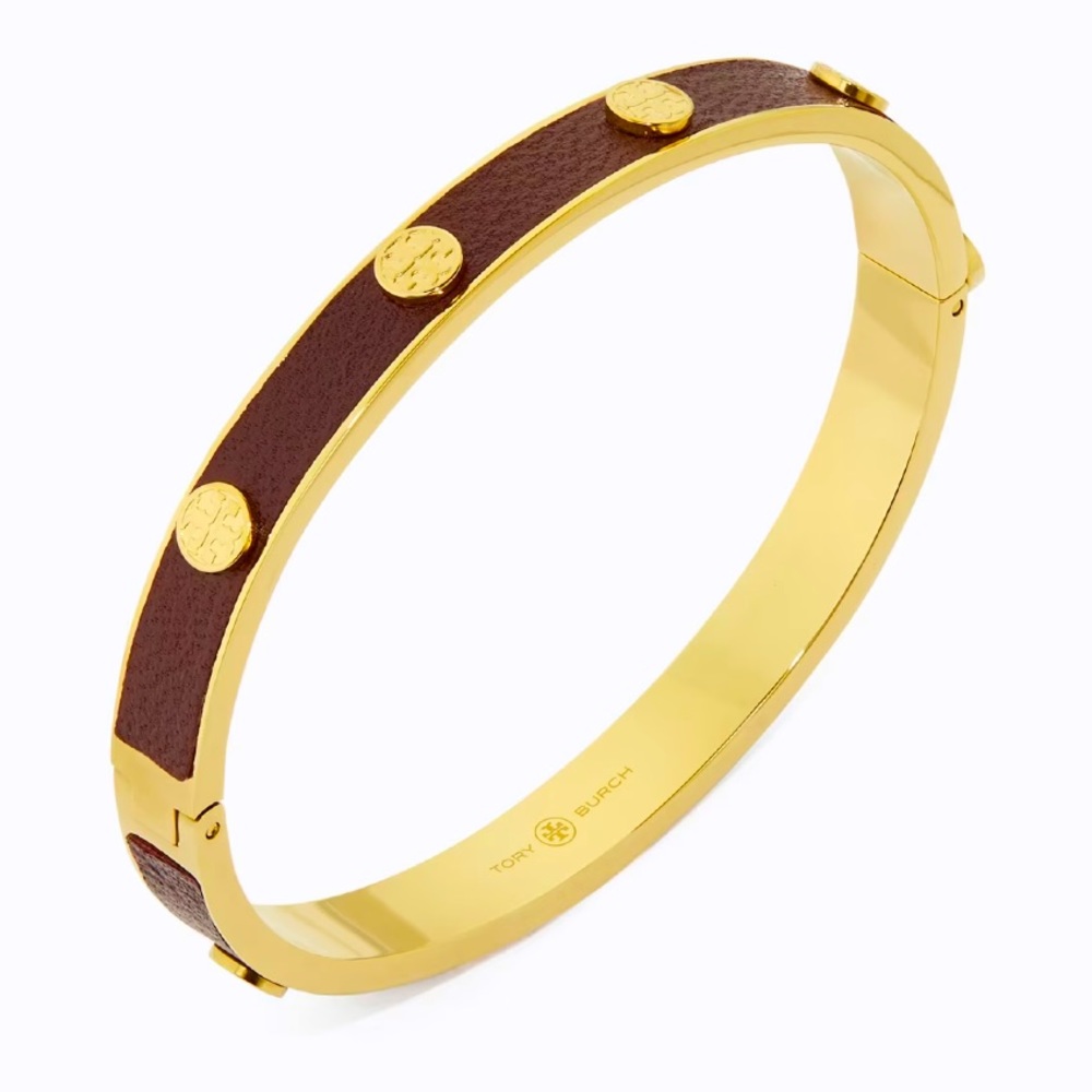 Tory Burch NWT Red and Gold Leather Studded Hinge Bracelet MSRP $198